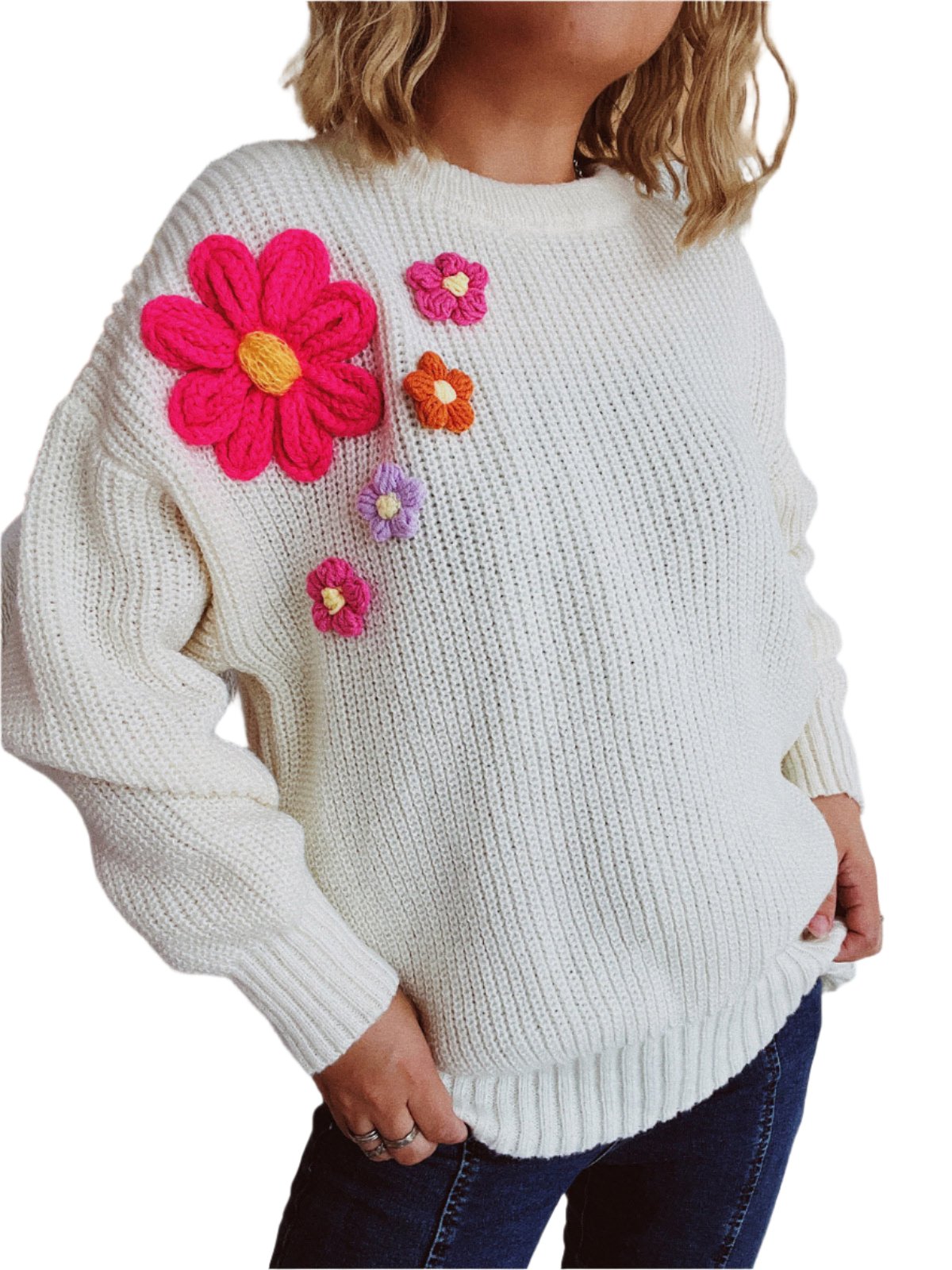 Crochet Flower Round Neck Dropped Shoulder Sweater - 1 OVERSIZE - T - 3 COLORS -