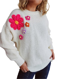 Thumbnail for Crochet Flower Round Neck Dropped Shoulder Sweater - 1 OVERSIZE - T - 3 COLORS -