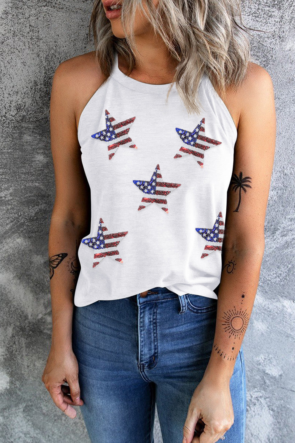 Sequin US Flag Star Neck Tank - T - 1 COLOR -