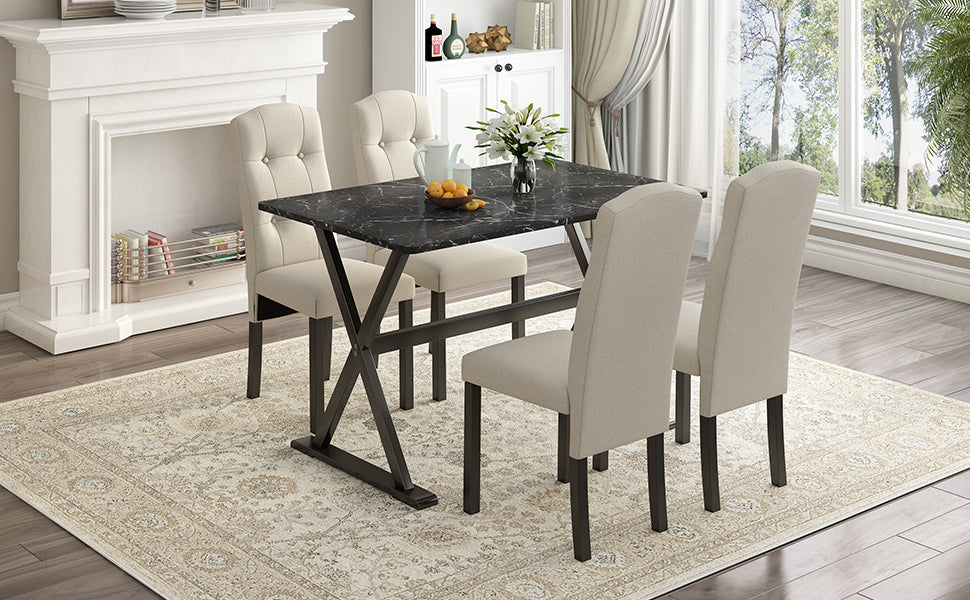 Solid Wood 5-Piece Dining Table Set With Faux Marble Tabletop and Upholstered Dining Chairs for 4, Faux Marble Black+Bei