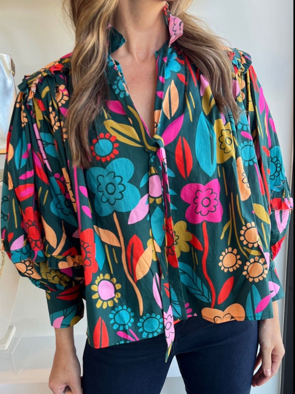 Printed Lantern Sleeve Blouse - T - 1 COLOR -