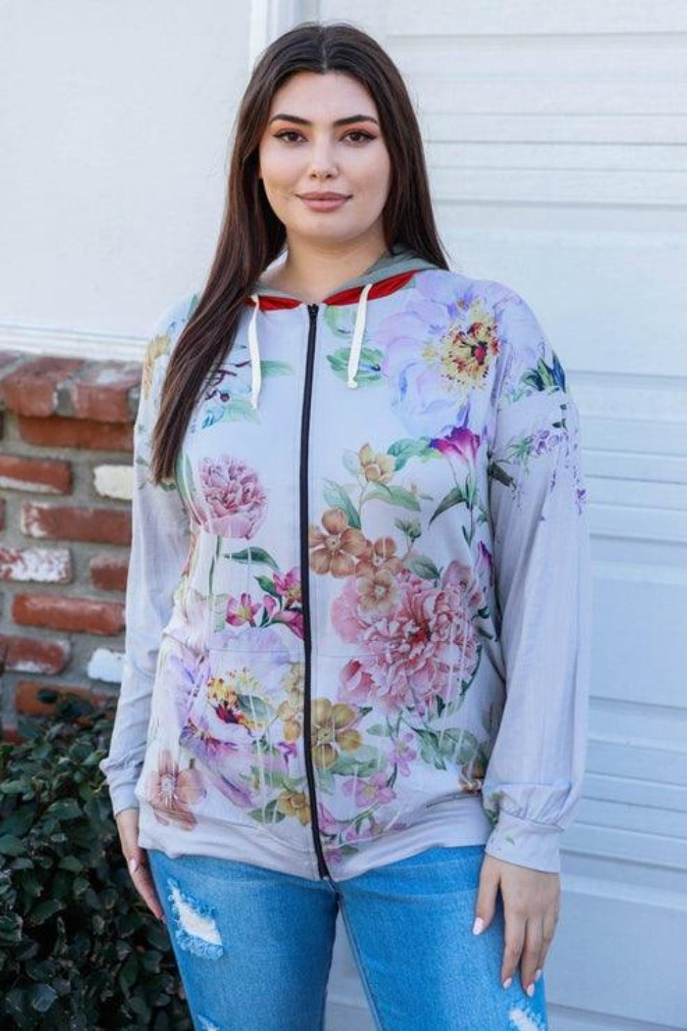 Blumin Apparel Full Size Floral Zip Up Hoodie - SIZES S THRU 3XL - T - 2 COLORS -