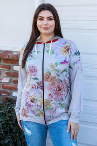 Thumbnail for Blumin Apparel Full Size Floral Zip Up Hoodie - SIZES S THRU 3XL - T - 2 COLORS -