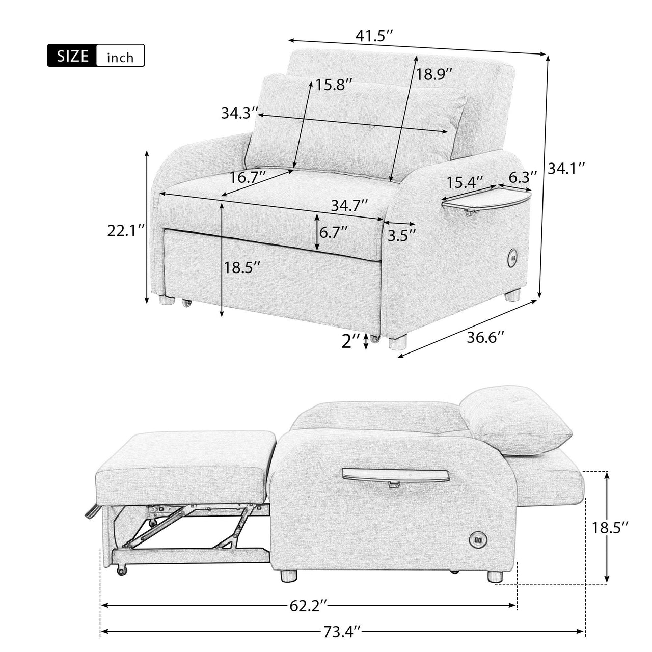 Pull Out Sofa Sleeper 3 in 1 With 2 Wing Table and Usb Charge for Nap Line Fabric for Living Room Recreation Room Black