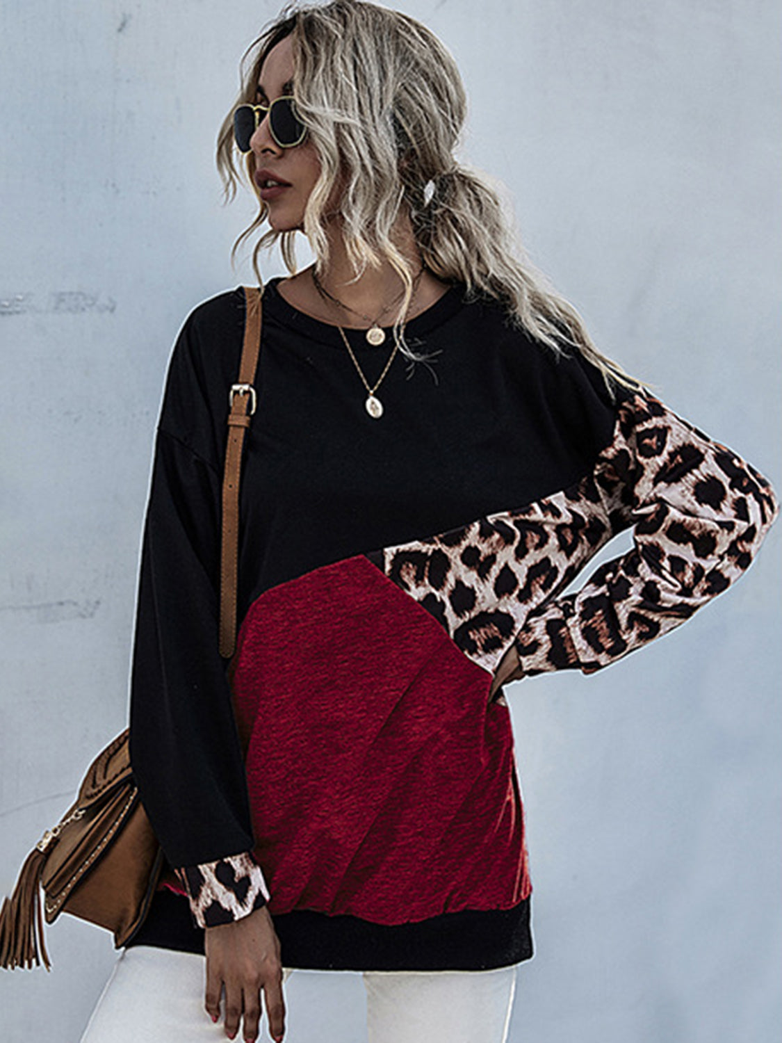 Perfee Leopard Contrast Long Sleeve Sweatshirt - T - 1 COLOR -