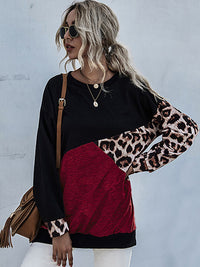 Thumbnail for Perfee Leopard Contrast Long Sleeve Sweatshirt - T - 1 COLOR -