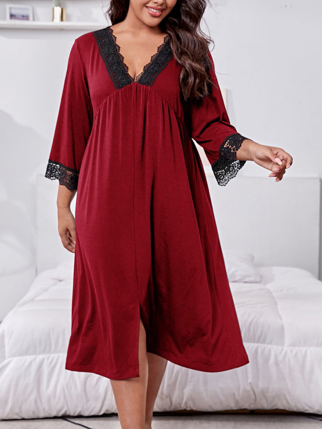 Plus Size Lace Detail V-Neck Lounge Dress - PLUS SIZES ONLY - T - 2 COLORS -