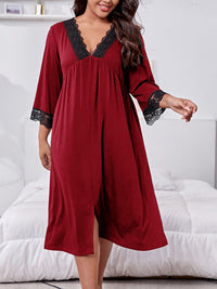 Thumbnail for Plus Size Lace Detail V-Neck Lounge Dress - PLUS SIZES ONLY - T - 2 COLORS -