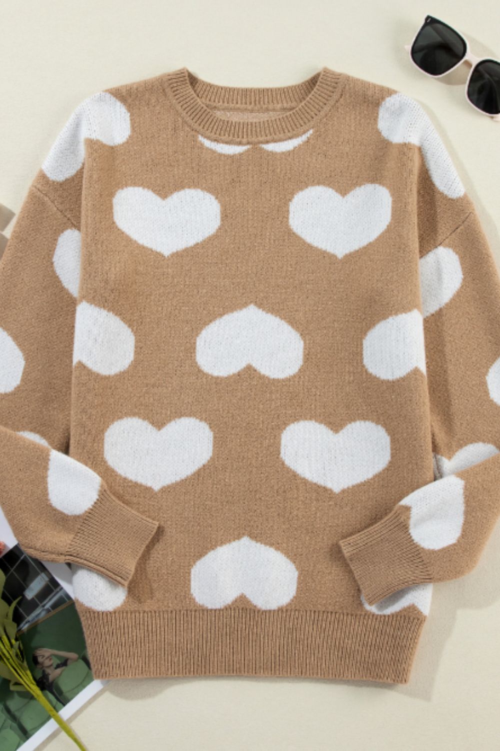 Heart Round Neck Long Sleeve Sweater - T - 1 COLOR -