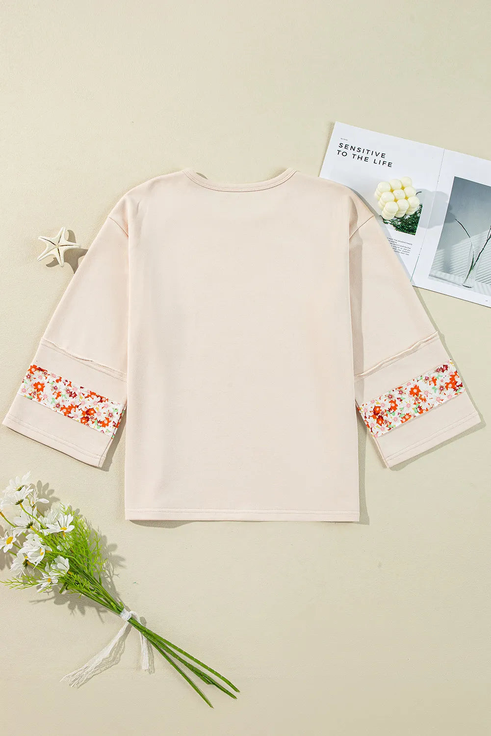 Exposed Seam Slit Floral Round Neck Blouse -T - 2 COLORS -