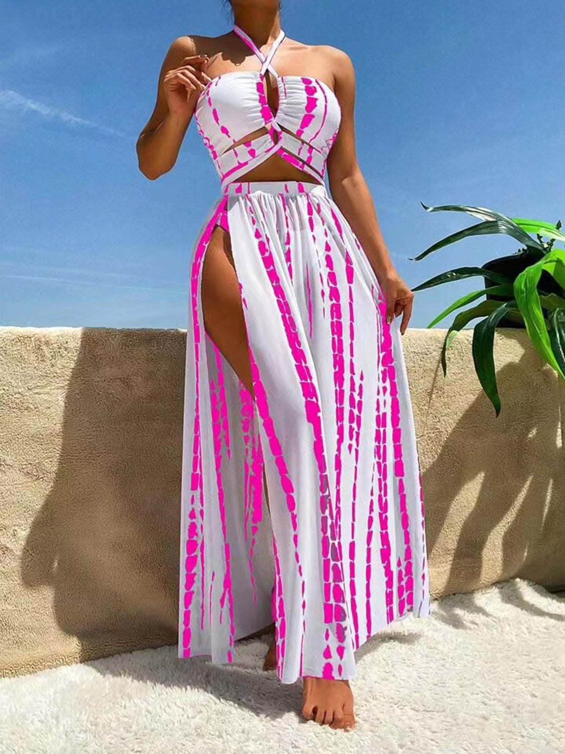 Printed Halter Neck Three-Piece Swim Set - 3 PCS. - T - 6 COLORS -