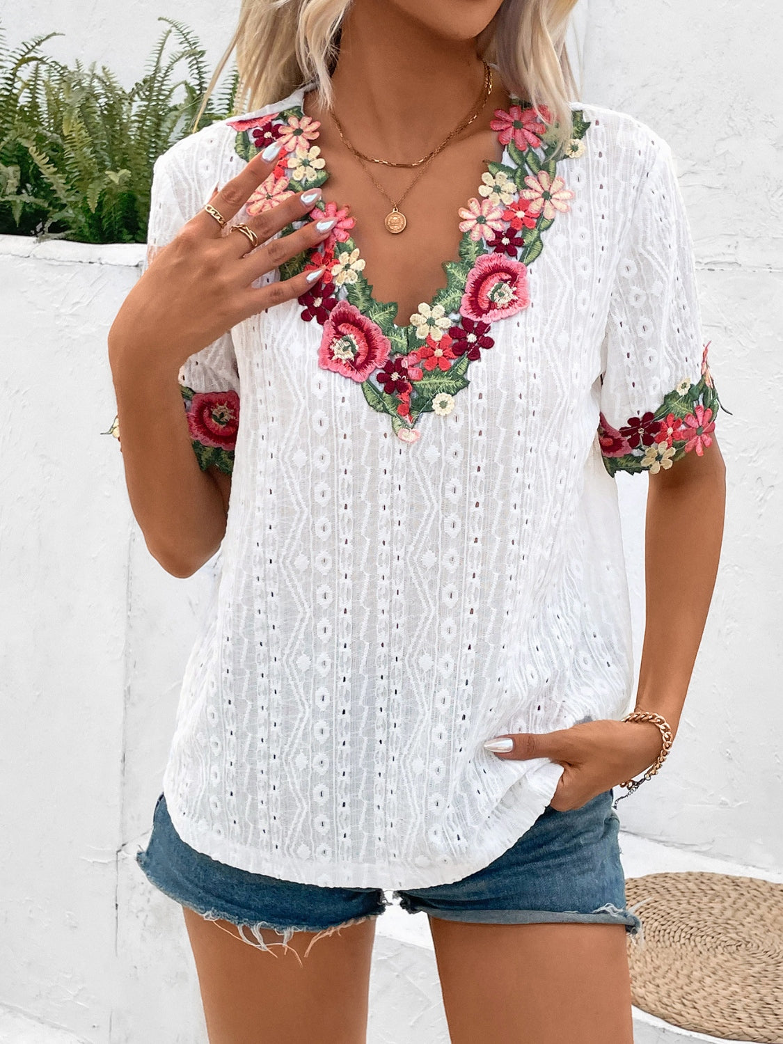 Eyelet Embroidered V-Neck Short Sleeve Blouse - T - 4 COLORS -