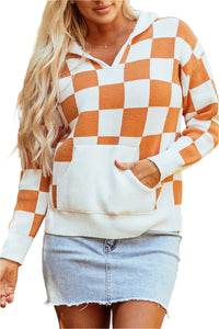 Thumbnail for Checkered Long Sleeve Hooded Sweater - T - 1 COLOR -