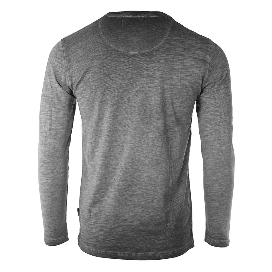 Mens Long Sleeve Crew Neck Oil Wash Vintage Button Henley T-Shirt - 1 COLOR -