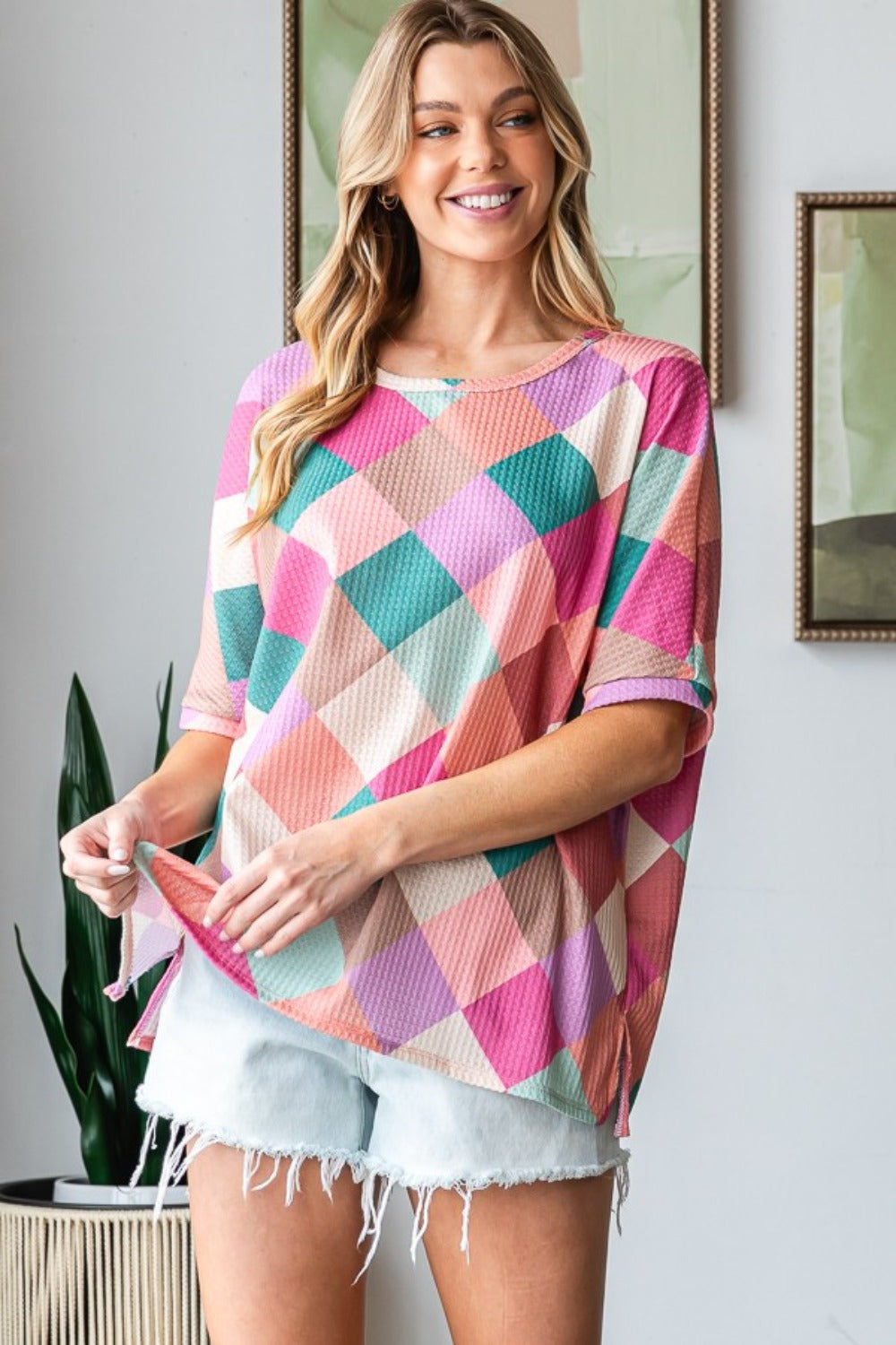 HOPELY Full Size Multi Colored Argyle Side Slit T-Shirt - T - 1 COLOR -