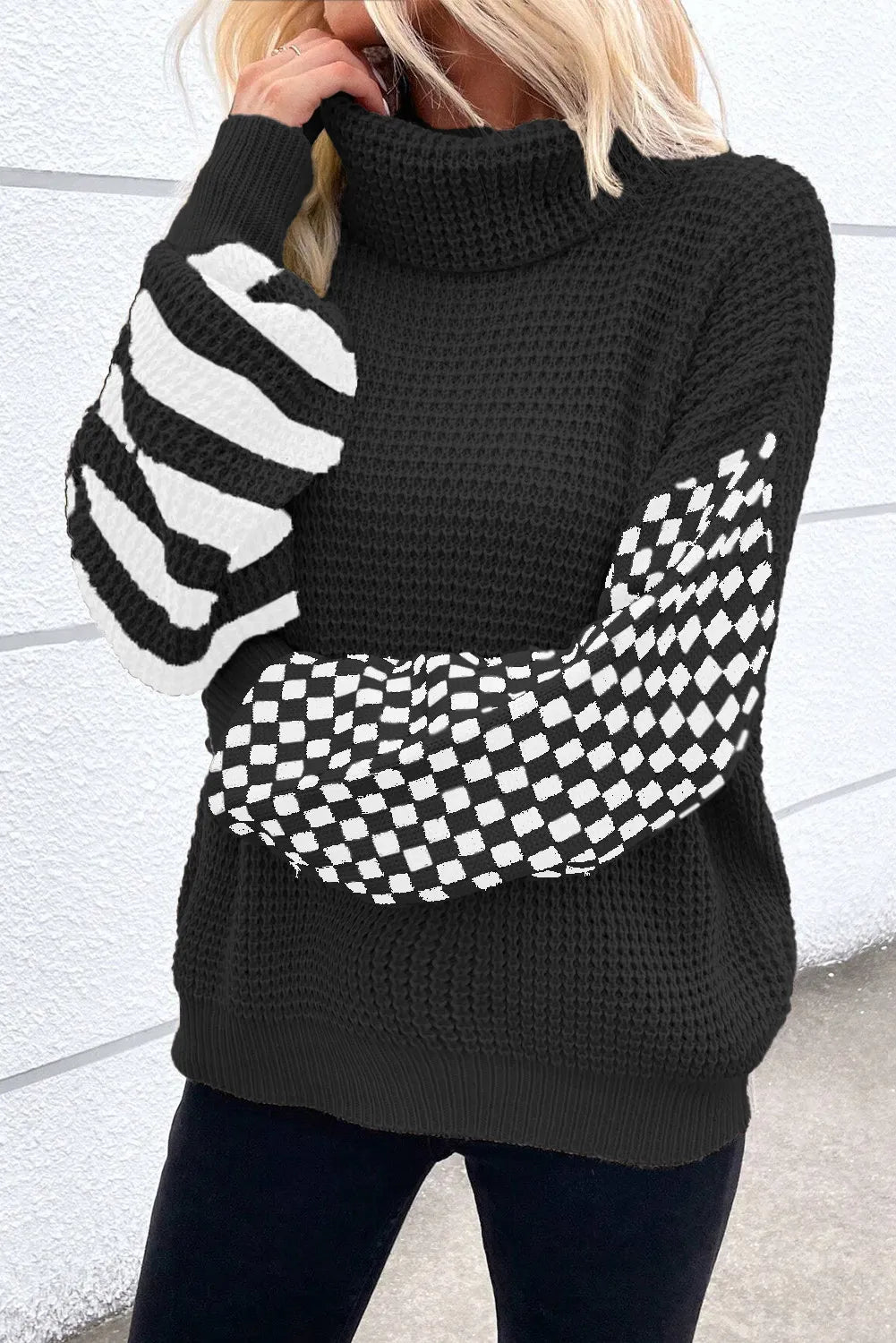 Checkered Striped Turtleneck Long Sleeve Sweater - T - 2 COLORS -