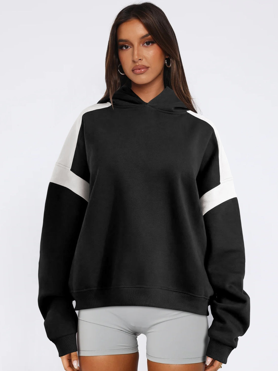 Contrast Dropped Shoulder Long Sleeve Hoodie - T - 6 COLORS -