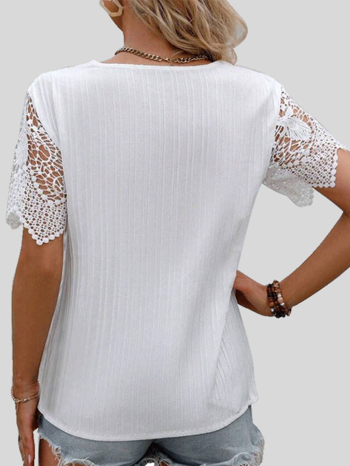 Lace Detail V-Neck Short Sleeve Blouse - T - 4 COLORS -