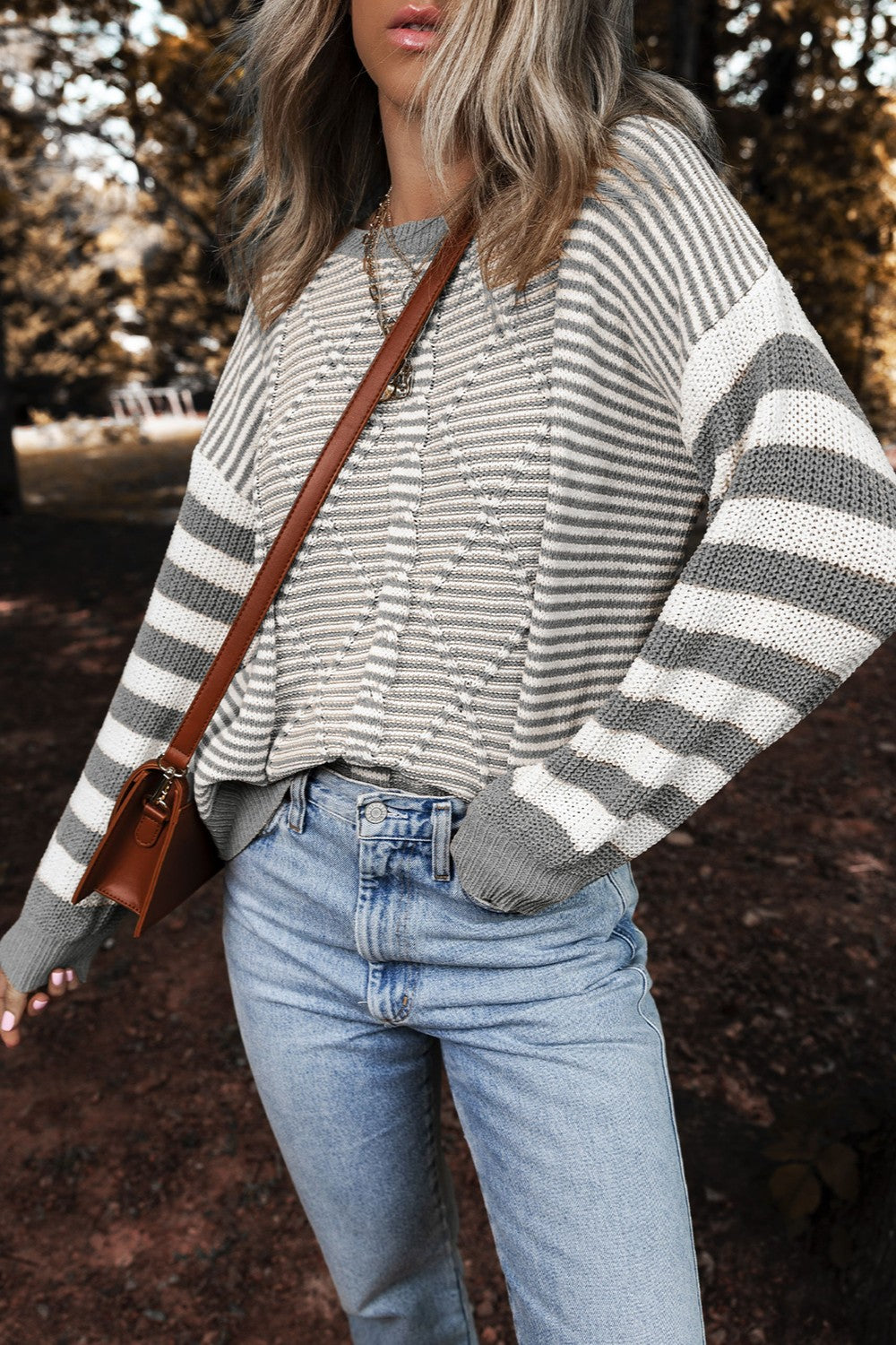 Striped Round Neck Long Sleeve Sweater - T - 1 COLOR -