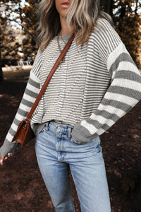 Thumbnail for Striped Round Neck Long Sleeve Sweater - T - 1 COLOR -