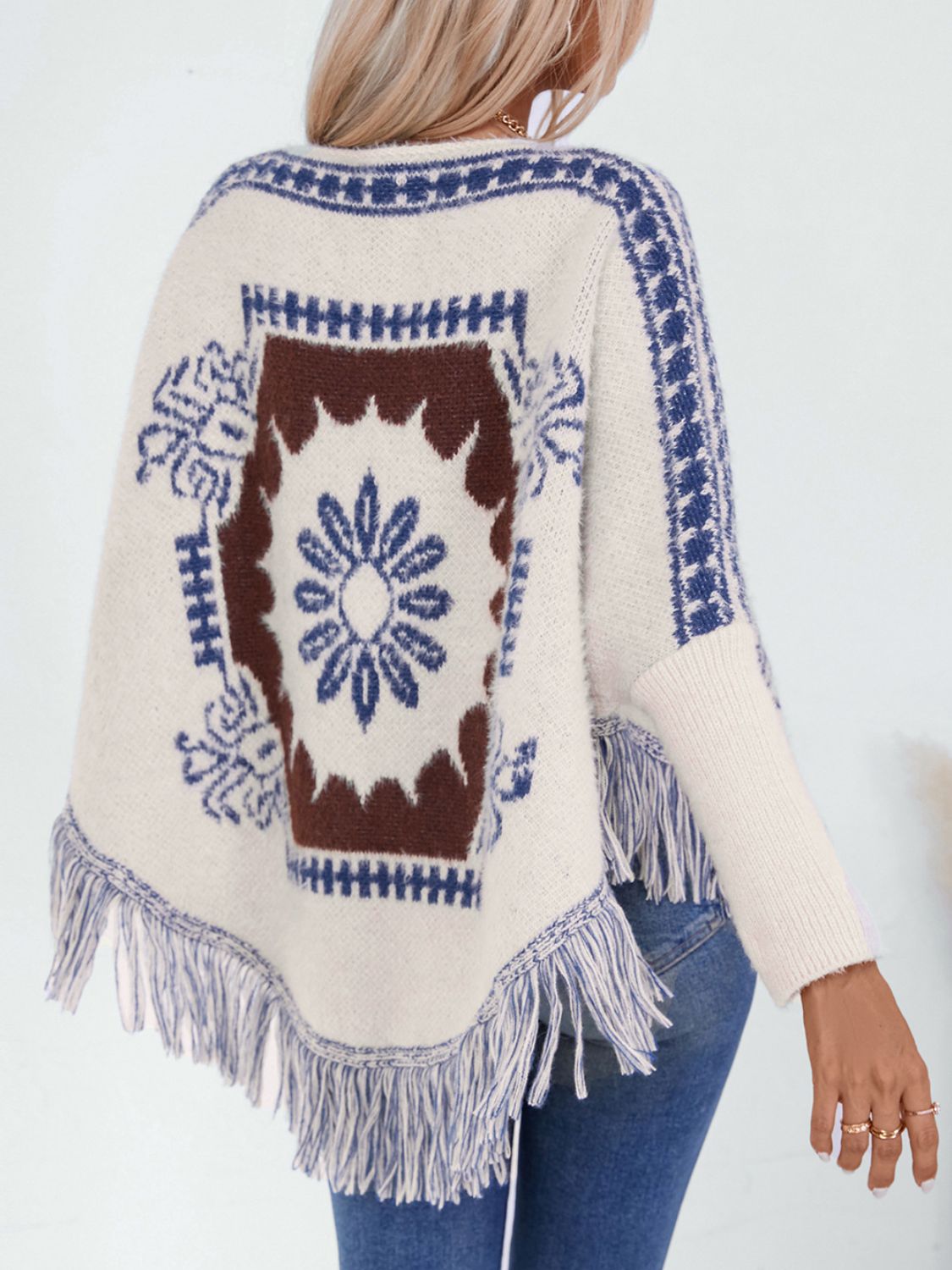 Fringe Geometric Long Sleeve Poncho - 1 SIZE - T - 2 COLORS -