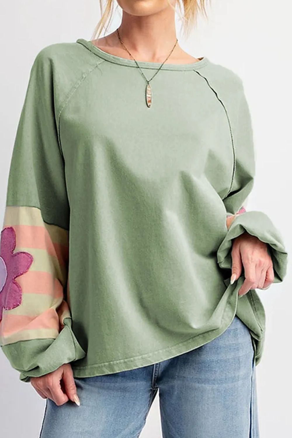 Flower Patch Round Neck Balloon Sleeve Top - T - 3 COLORS -