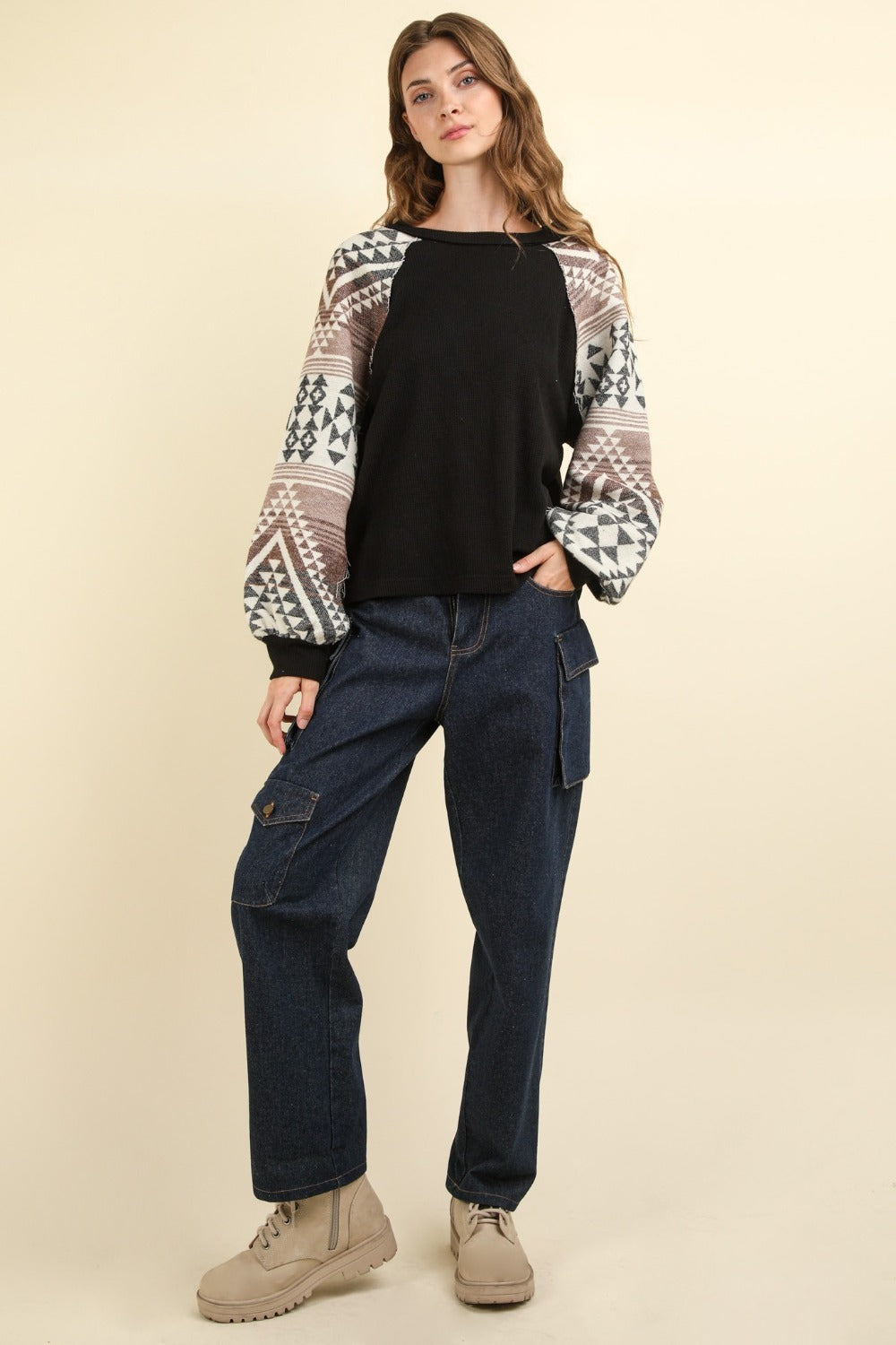 VERY J Printed Long Sleeve Round Neck Knit Top - T - 1 COLOR -