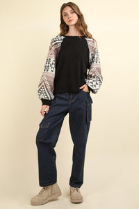 Thumbnail for VERY J Printed Long Sleeve Round Neck Knit Top - T - 1 COLOR -