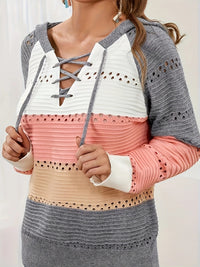 Thumbnail for Lace-Up Contrast Long Sleeve Hooded Sweater - T - 1 COLOR -