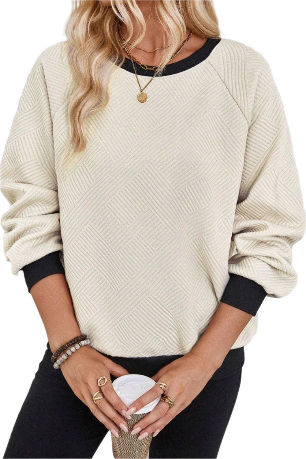 Texture Contrast Long Sleeve Sweatshirt - T - 1 COLOR -