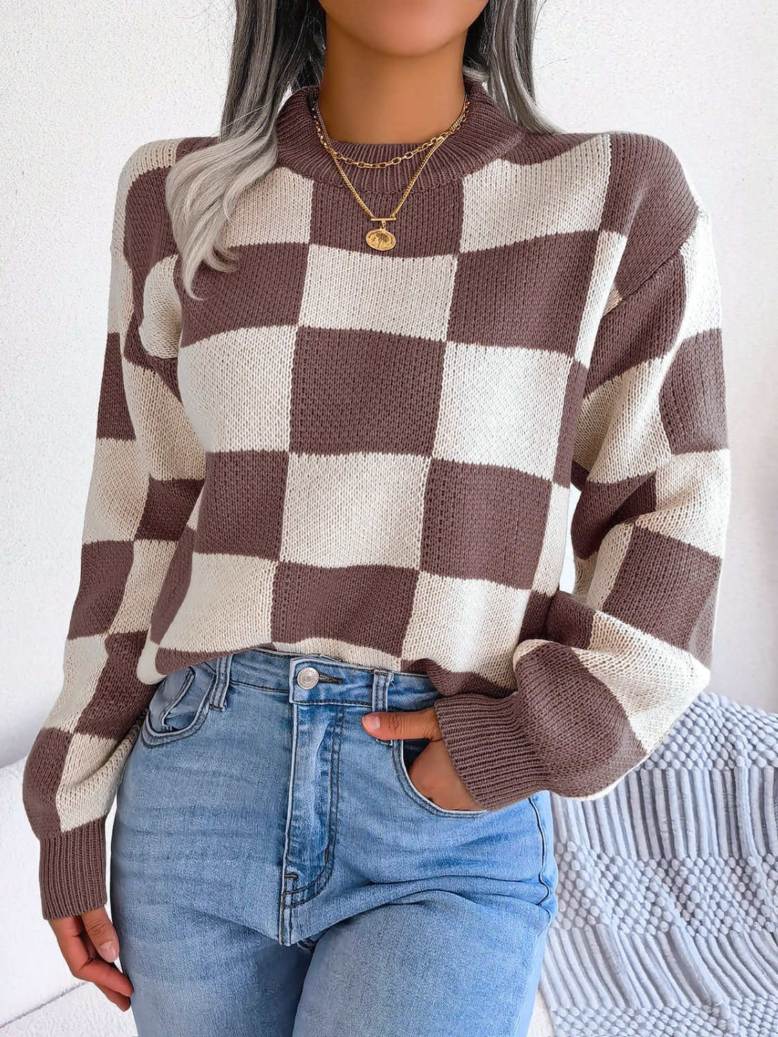 Checkered Mock Neck Long Sleeve Sweater - T - 4 COLORS -