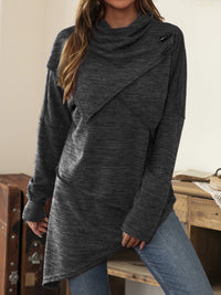 Thumbnail for Asymmetrical Hem Cowl Neck Long Sleeve T-Shirt - T - 5 COLORS -