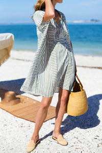 Thumbnail for Striped Notched Short Sleeve Mini Dress - Beach or Everyday - T - 2 COLORS -