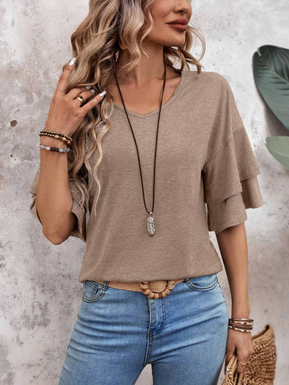 V-Neck Half Sleeve Blouse - T - 5 COLORS -