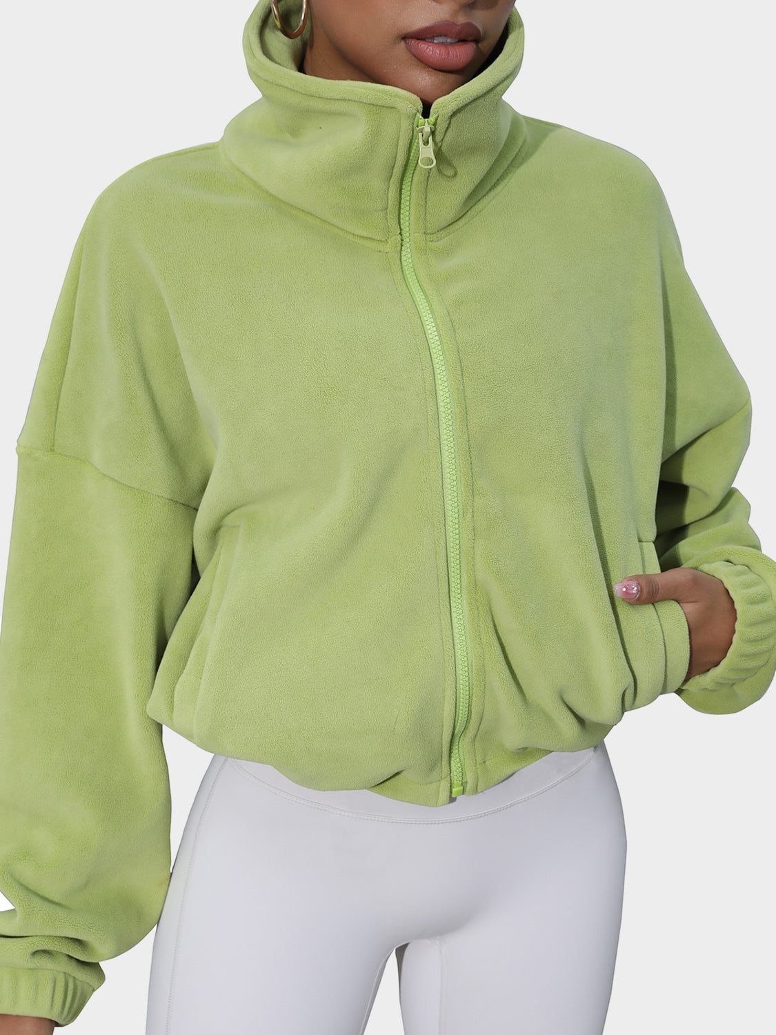 Drawstring Turtleneck Zip Up Long Sleeve Jacket - T - 4 COLORS -