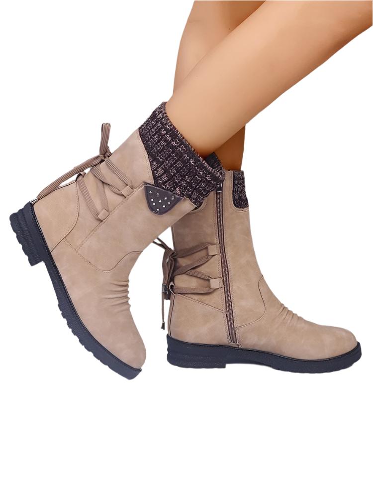 Lace-Up Low Heel Boots with Side Zip - T - 5 COLORS -