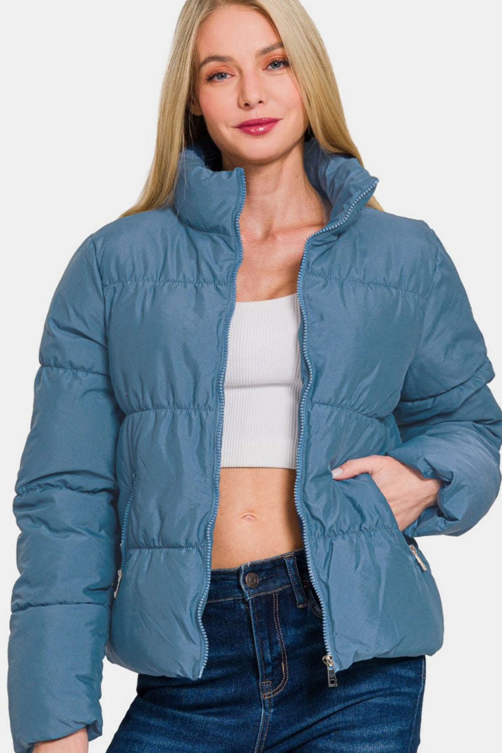 Zenana Zip Up Turtleneck Puffer Jacket with Pockets - T - 1 COLOR -