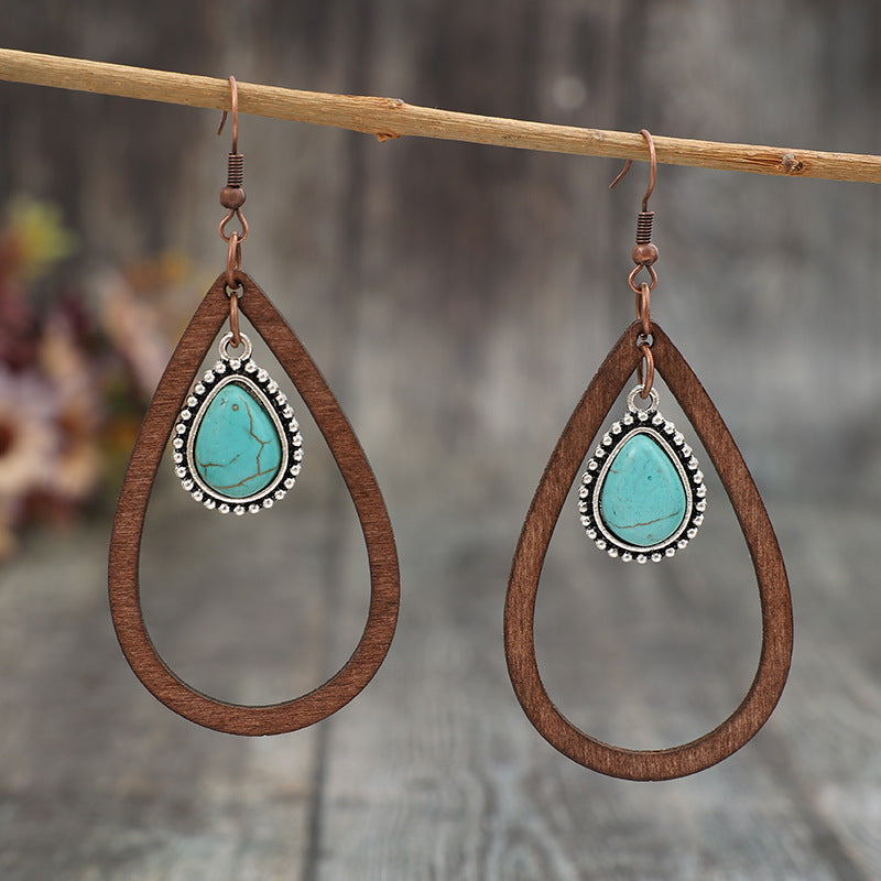 Wooden Turquoise Cutout Teardrop Earrings - T - 1 COLOR -