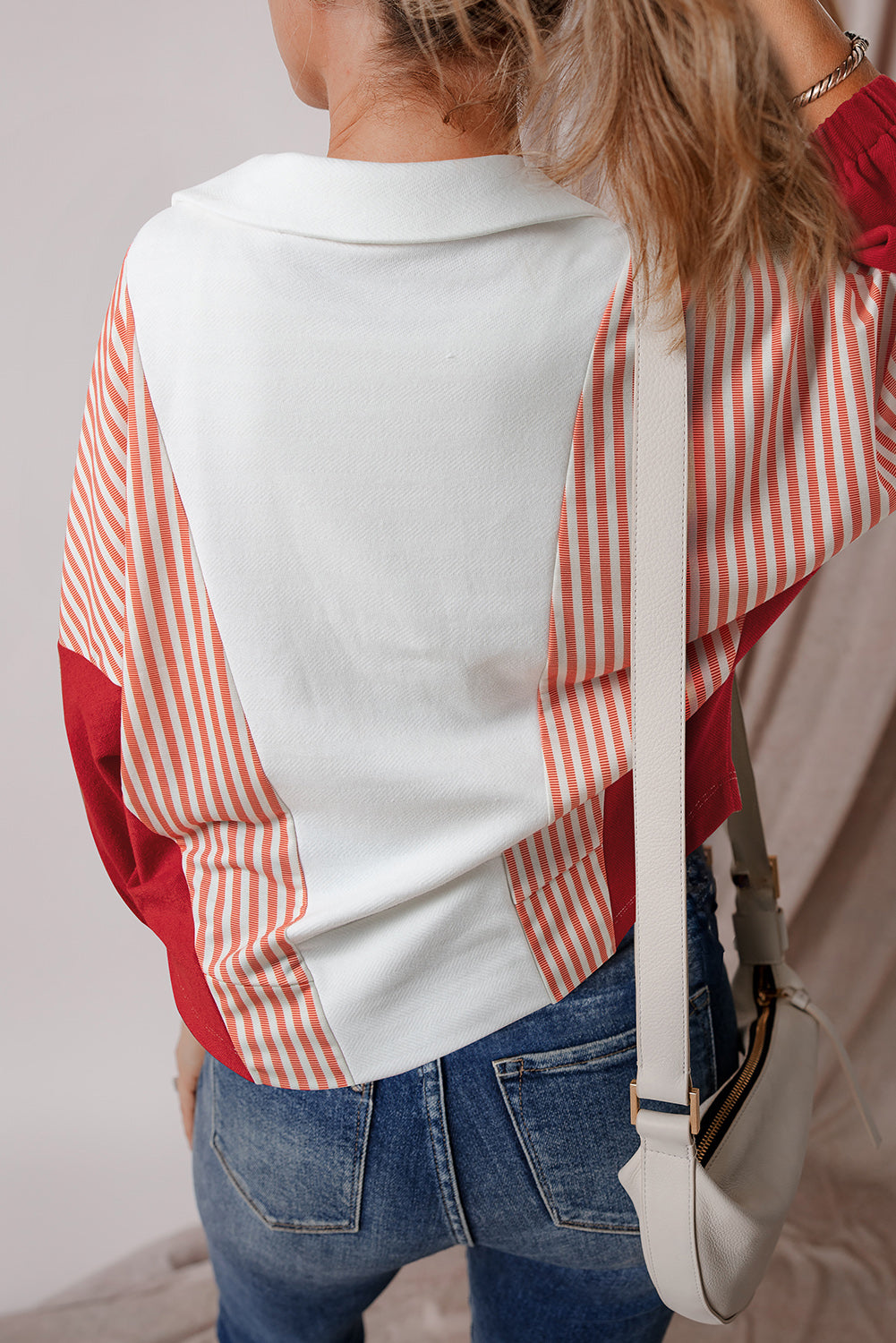 Striped Johnny Collar Long Sleeve Sweatshirt - T - 1 COLOR -