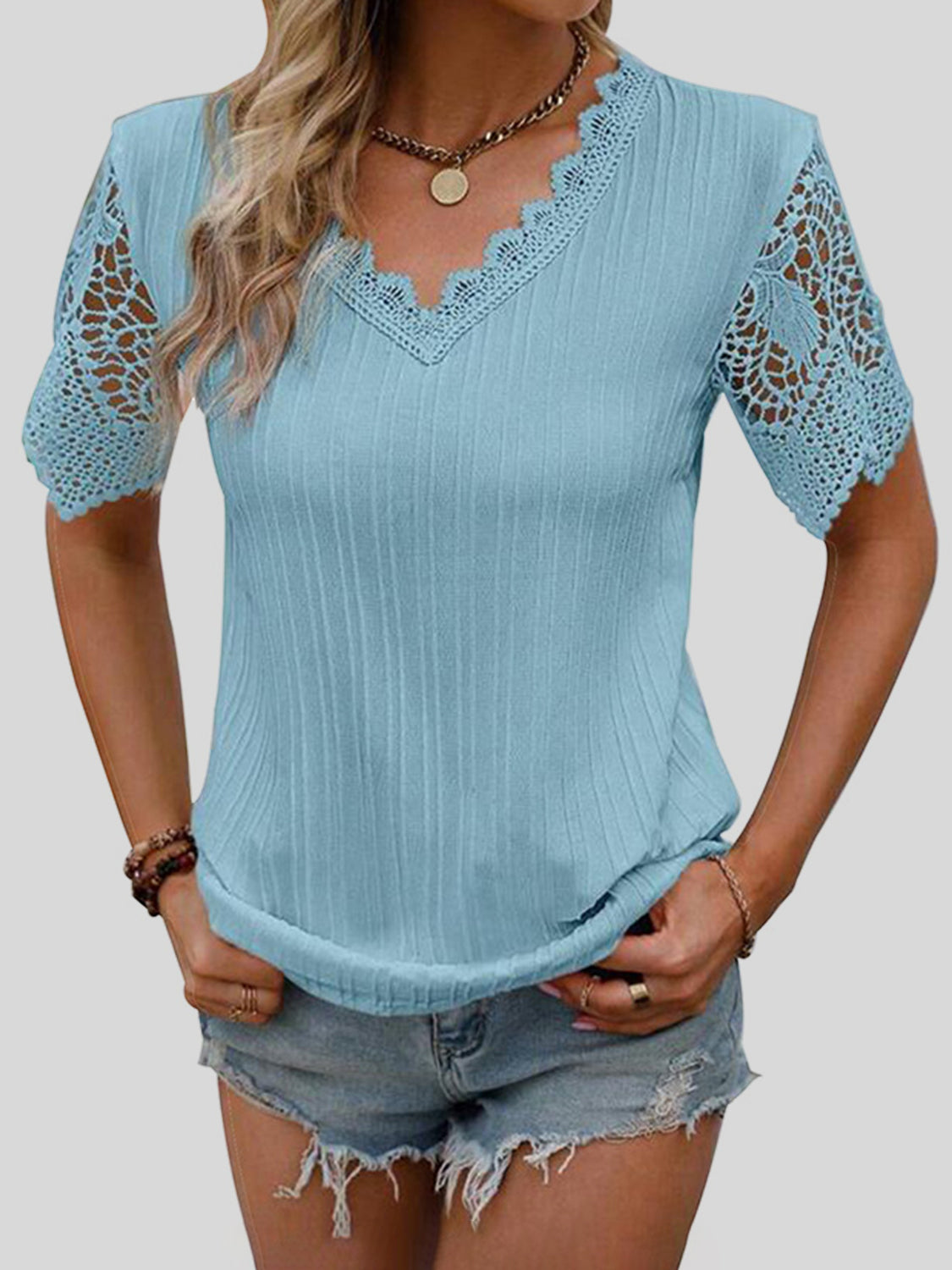 Lace Detail V-Neck Short Sleeve Blouse - T - 4 COLORS -