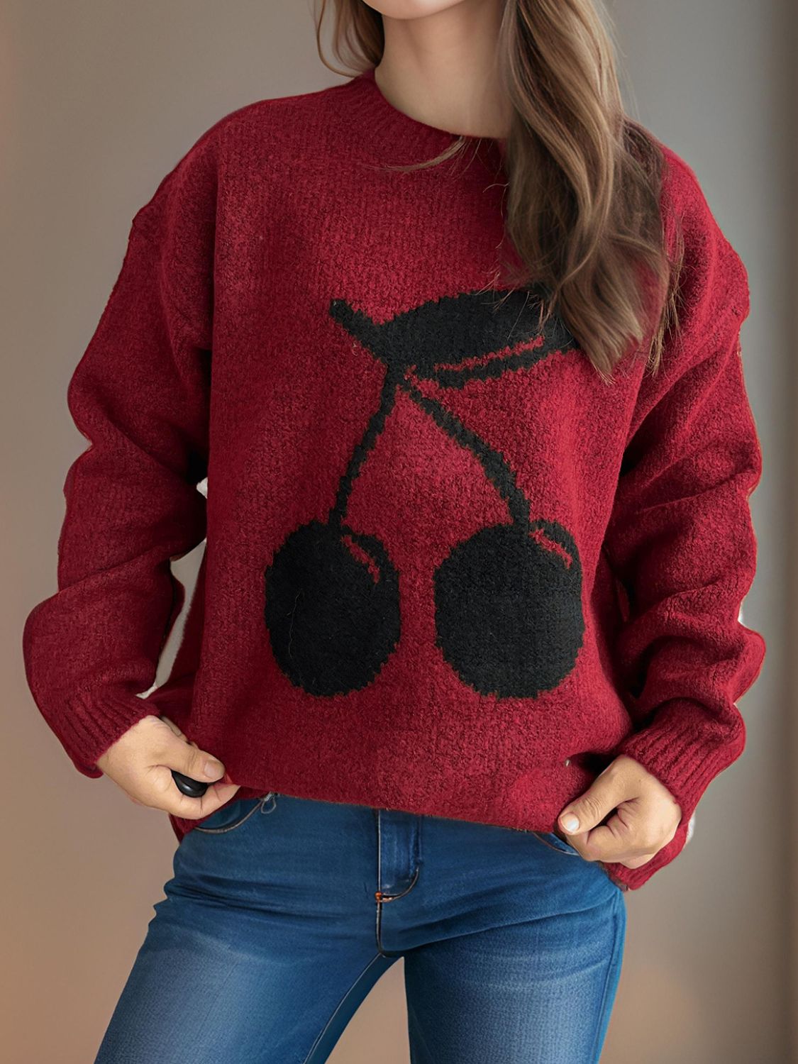 Cherry Round Neck Long Sleeve Sweater - 1 OVERSIZE - T - 3 COLORS -