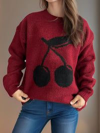 Thumbnail for Cherry Round Neck Long Sleeve Sweater - 1 OVERSIZE - T - 3 COLORS -