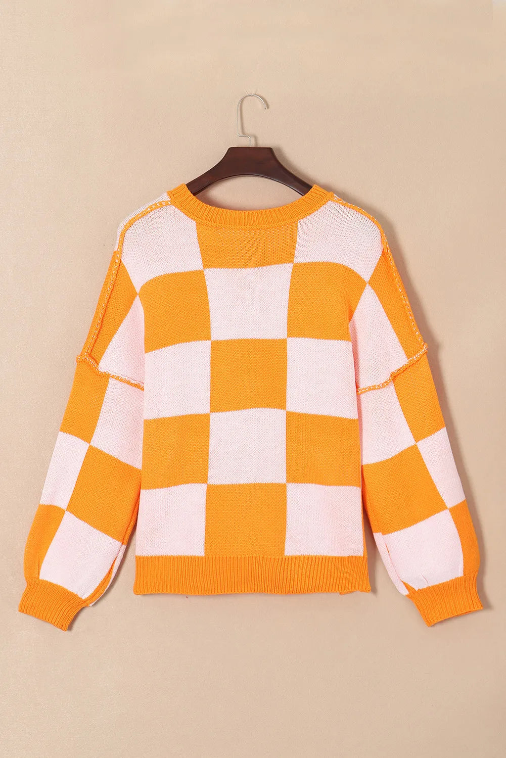 Pumpkin Checkered Round Neck Long Sleeve Sweater - T - 1 COLOR -