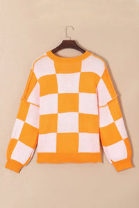 Thumbnail for Pumpkin Checkered Round Neck Long Sleeve Sweater - T - 1 COLOR -