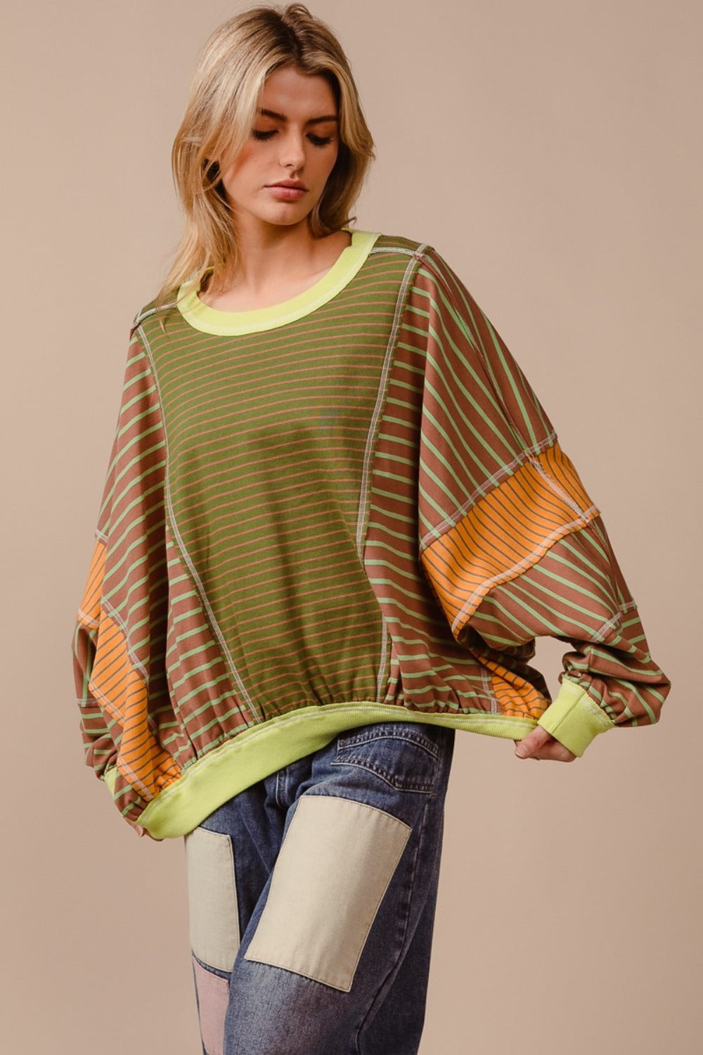 BiBi Color Block Striped Round Neck Sweatshirt - T - 1 COLOR -