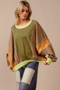 Thumbnail for BiBi Color Block Striped Round Neck Sweatshirt - T - 1 COLOR -