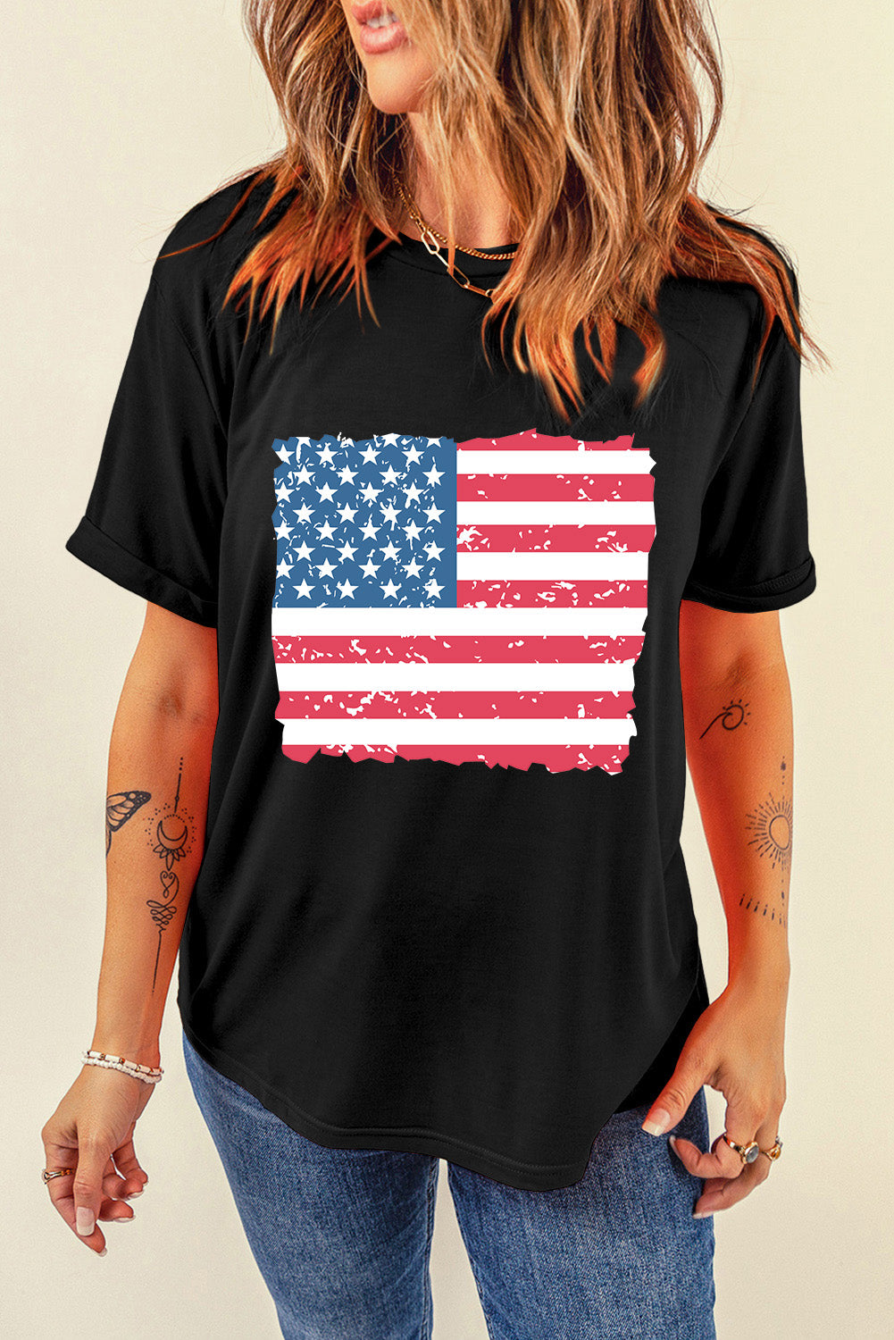 USA Flag Round Neck Short Sleeve T-Shirt - T - 1 COLOR -