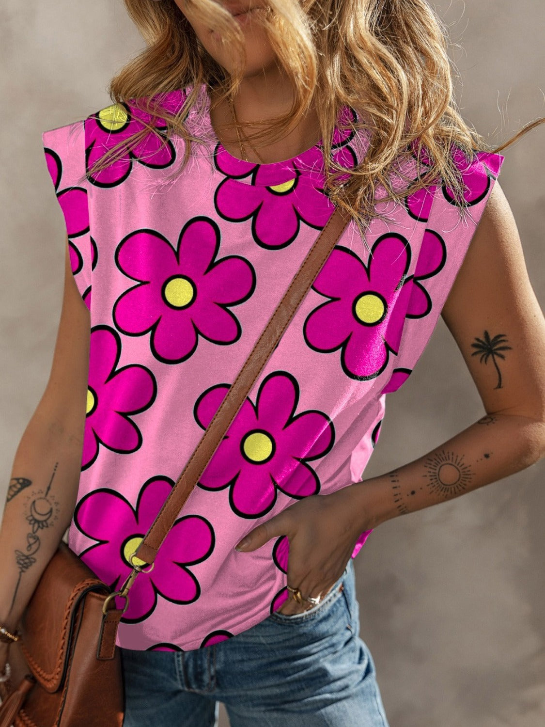 Flower Power Printed Round Neck Cap Sleeve Blouse - T - 1 COLOR -