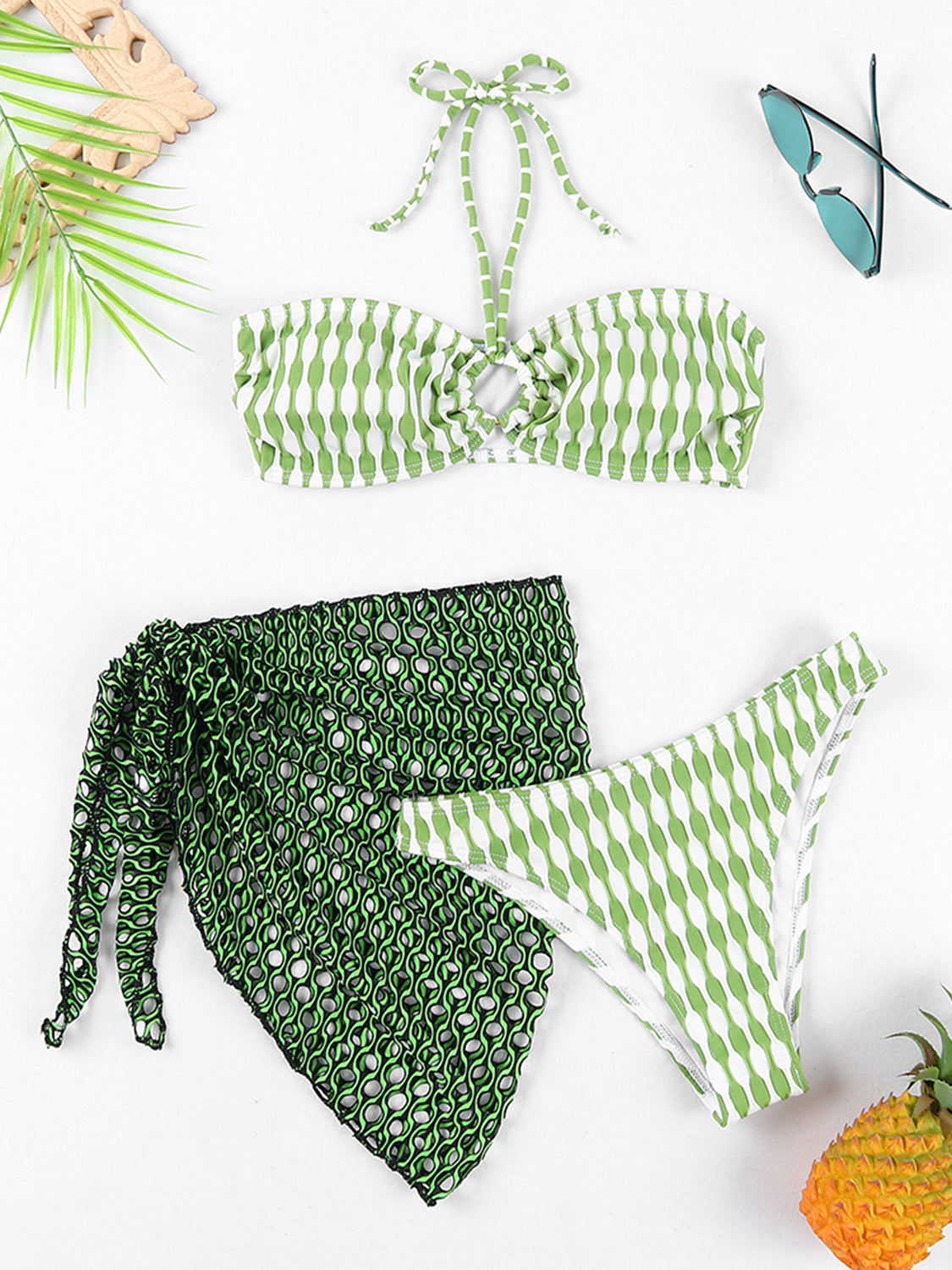 Geometric Halter Neck Three-Piece Swim set - 3 PCS. - T - 5 COLORS -