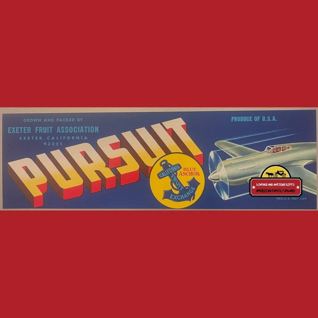 Vintage Pursuit Crate Label, Exeter, Ca 1940s, P-51 Mustang, Patriotic